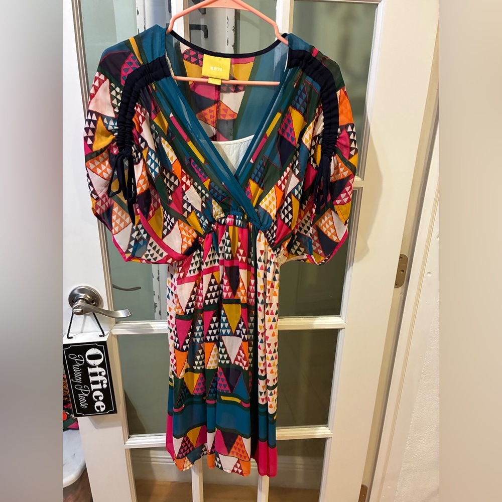 Maeve Anthropologie Geometric Print V-Neck Mini Dress Balloon Sleeve Size 0 boho